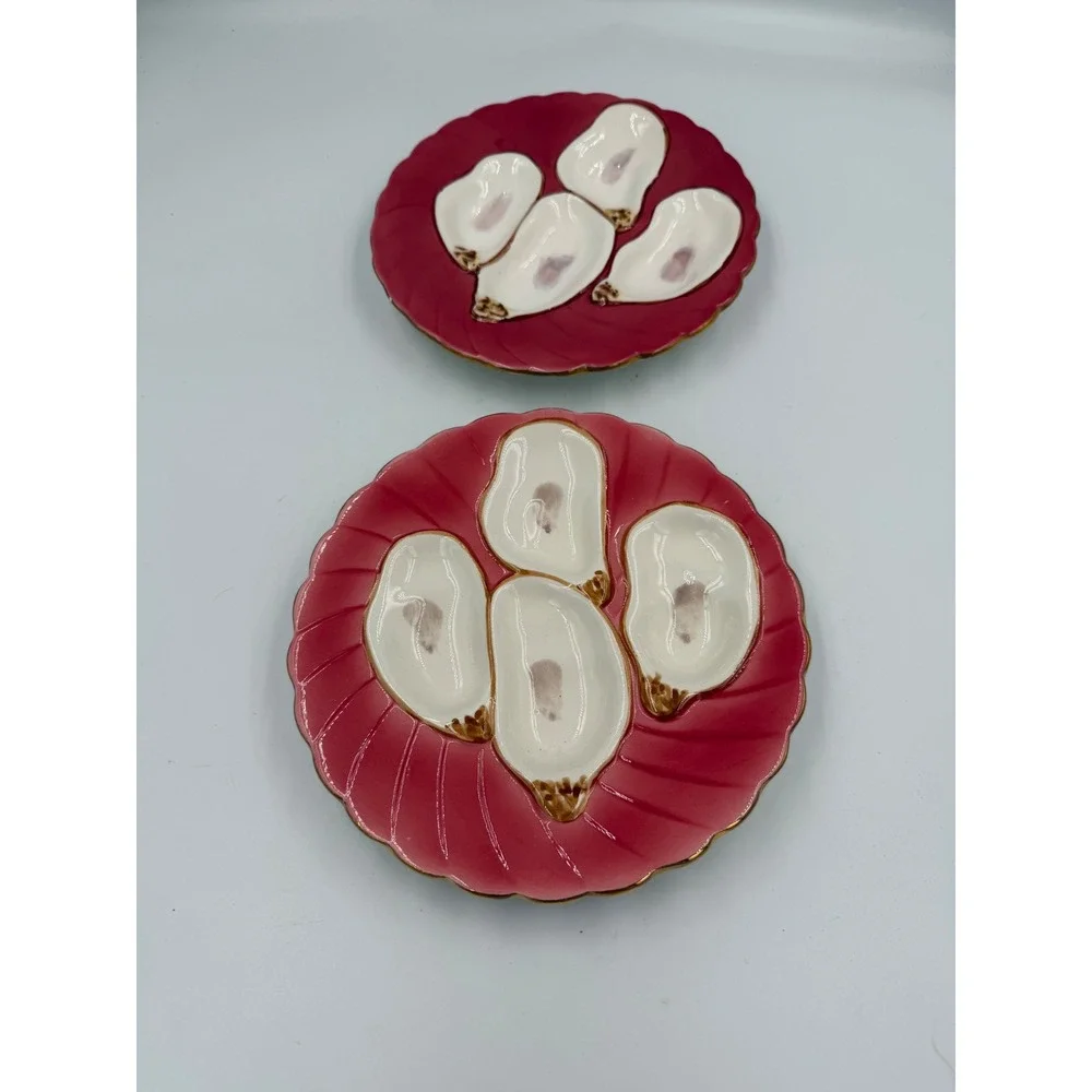 Abigails Raspberry Pink Oyster Plates Gold Rim Set of 2 Ceramic Coastal Decor